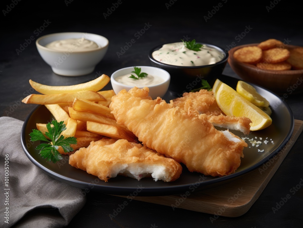 Crispy Fried Fish, French Fries, and Lemon Wedges with Dipping Sauces Crispy Fried Fish, French Fries, and Lemon Wedges with Dipping Sauces