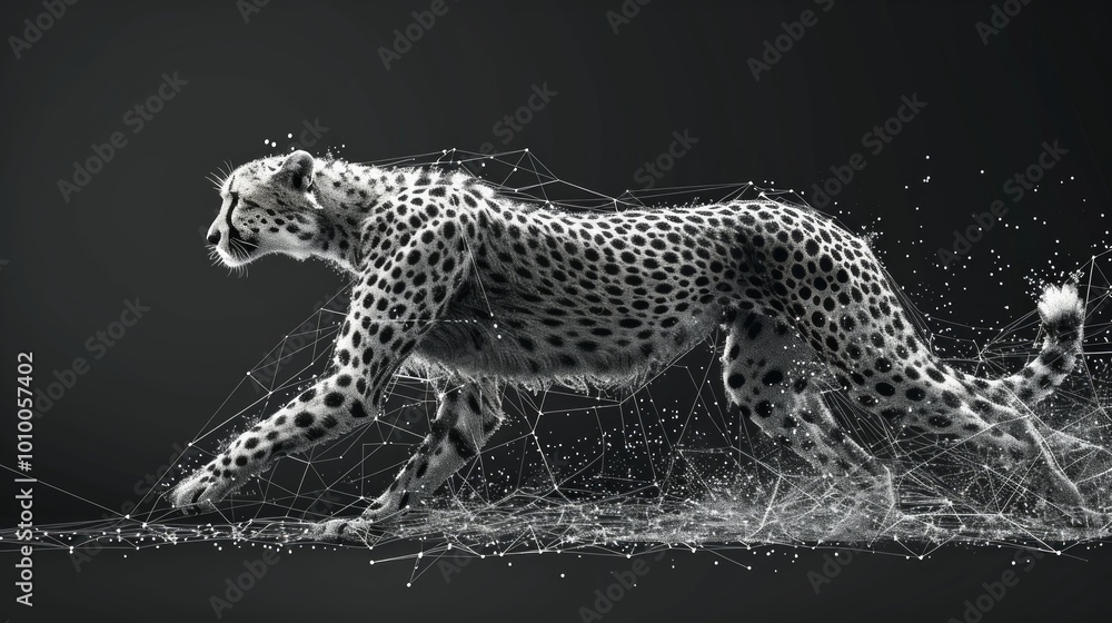 Fototapeta premium A cheetah running with a geometric pattern behind it, rendered in black and white.
