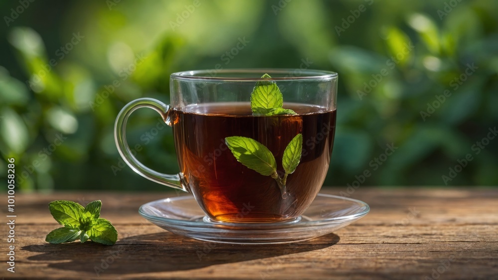 cup of tea with mint leaves on a wooden table cup of tea with mint leaves on a wooden table