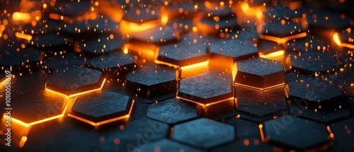 Visually striking abstract pattern of luminous hexagons that radiate an inner glow the shapes arranged in a dynamic organic layout