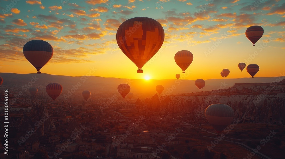 Naklejka premium A breathtaking sunrise over a valley with many hot air balloons floating in the sky.