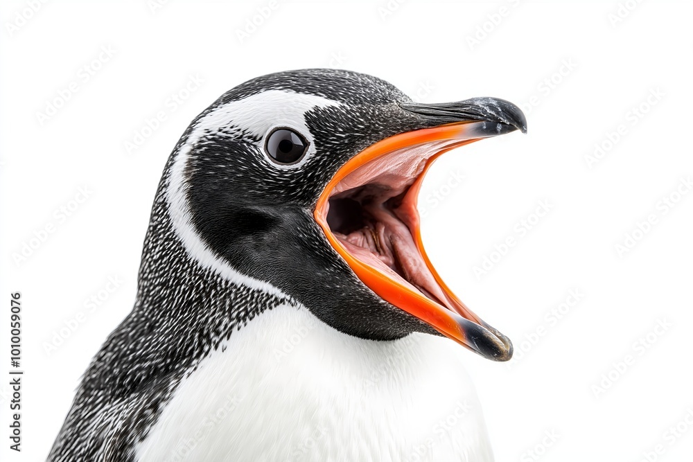Naklejka premium Close-up Of A Angry And Surprised Penguin Isolated On White Background With A Funny And Excited Expression, Animal Portrait