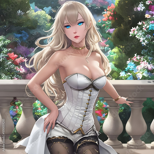 anime blonde girl waifu wearing a corset and stockings photo