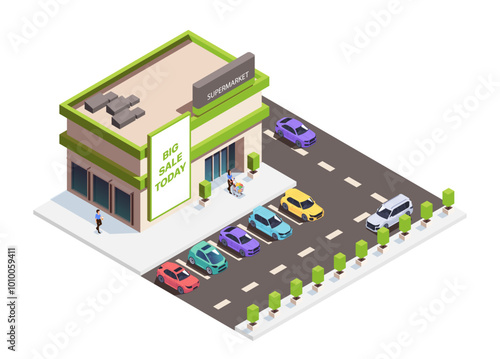 Isometric market concept. Facade of shop and store and parking iot with cars. Urban infrastructure and architecture. Shopping mall. Volumetric vector illustration isolated on white background