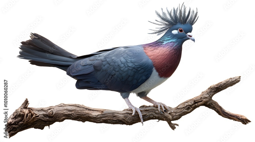 Fototapeta premium Victoria Crowned Pigeon Bird Perched on a Branch on a White Background, Realistic Photo, Wallpaper, Cover and Screen for Smartphone, PC, Laptop, 9:16 and 16:9 Format