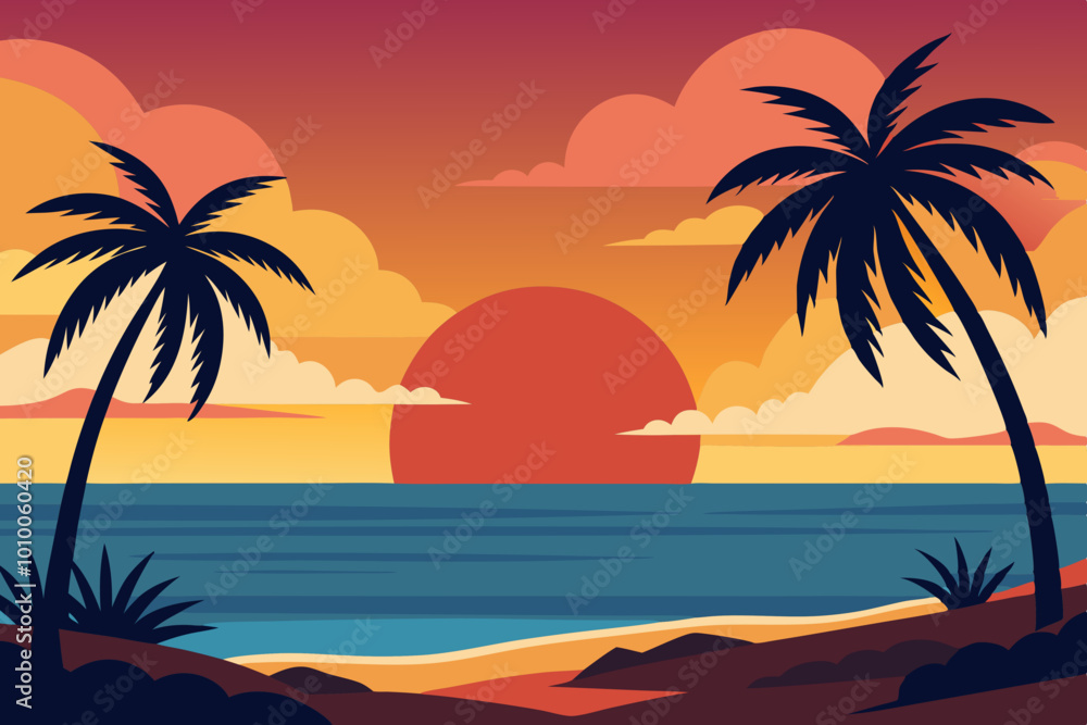 Beautiful sunset over the sea with a view at palms Beautiful sunset over the sea with a view at palms