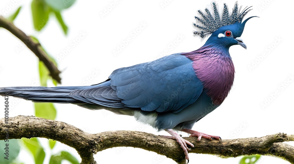 Fototapeta premium Victoria Crowned Pigeon Bird Perched on a Branch on a White Background, Realistic Photo, Wallpaper, Cover and Screen for Smartphone, PC, Laptop, 9:16 and 16:9 Format