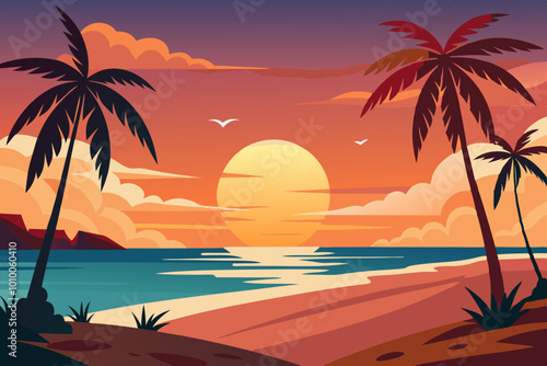  Beautiful sunset over the sea with a view at palms