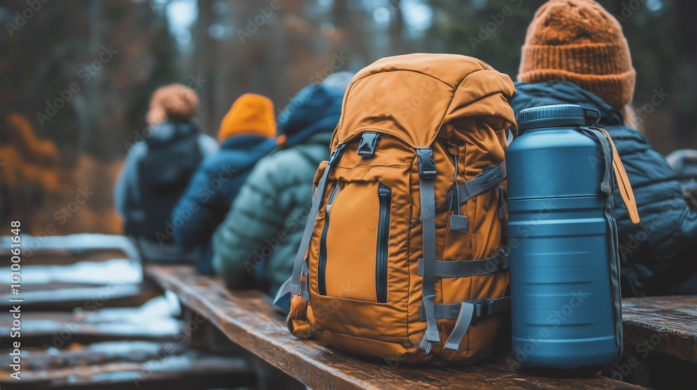 a close-up shot of a backpacker’s backpack featuring a renewable water bottle, with people engaged in adventure and trekking, reflecting a travel lifestyle and sustainable tourism