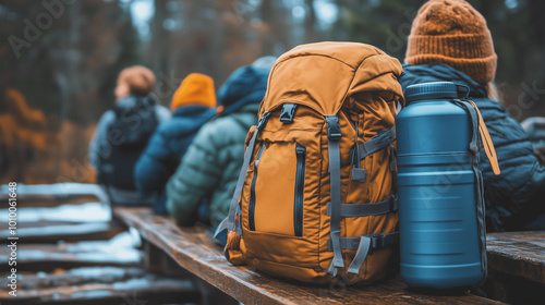 Obraz na płótnie a close-up shot of a backpacker’s backpack featuring a renewable water bottle, with people engaged in adventure and trekking, reflecting a travel lifestyle and sustainable tourism w salonie