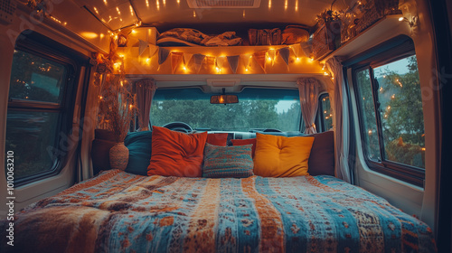 Obraz na płótnie the interior of a minivan motorhome designed for relaxation, featuring warm lights, and reflecting a free-spirited lifestyle of sustainable tourism in nature and camping w salonie