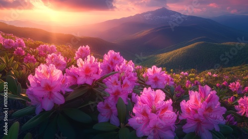 A field of pink rhododendrons bloom in the foreground with a mountain range in the background at sunset.