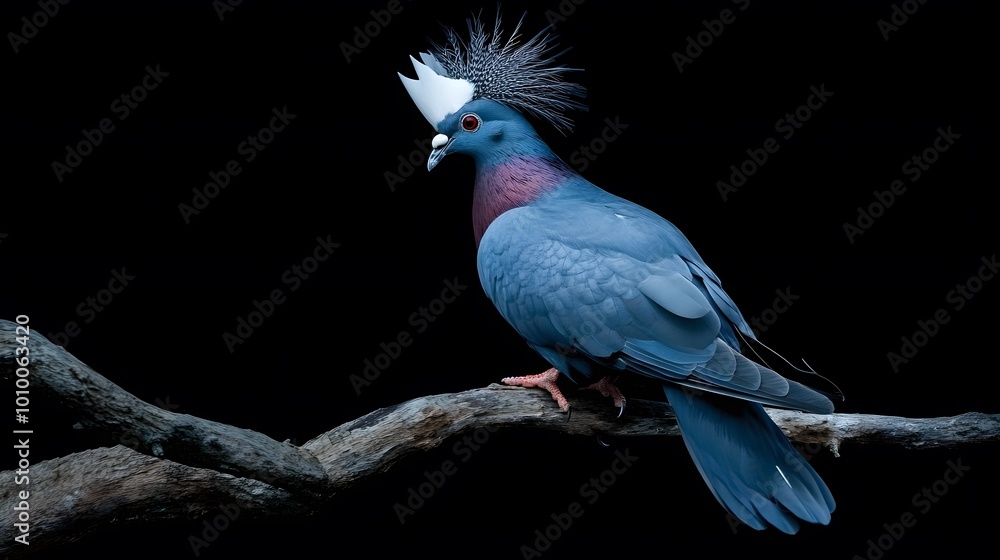 Obraz premium Victoria Crowned Pigeon Bird Perched on a Branch on a Black Background, Realistic Photo, Wallpaper, Cover and Screen for Smartphone, PC, Laptop, 9:16 and 16:9 Format