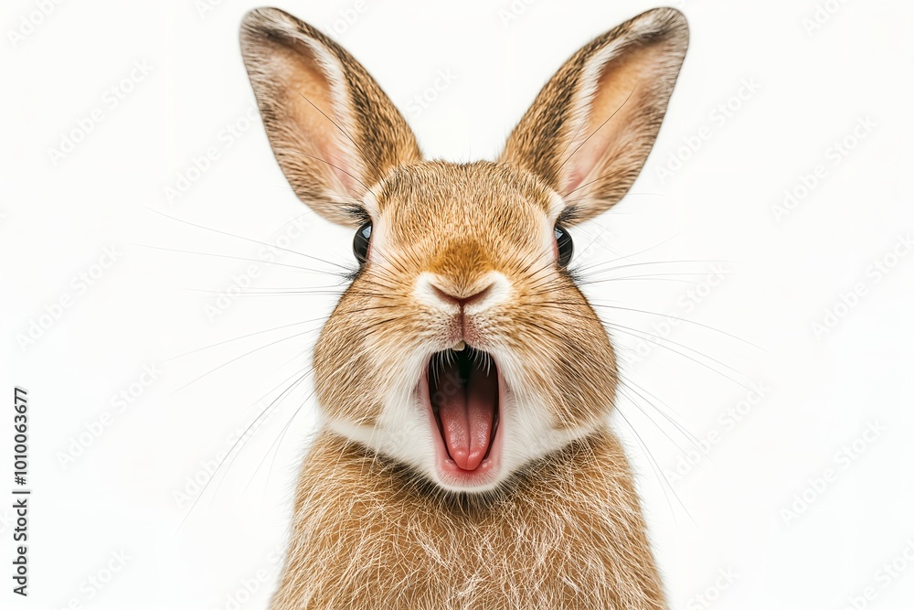 Fototapeta premium Close-up Of A Angry And Surprised Rabbit Isolated On White Background With A Funny And Excited Expression, Animal Portrait