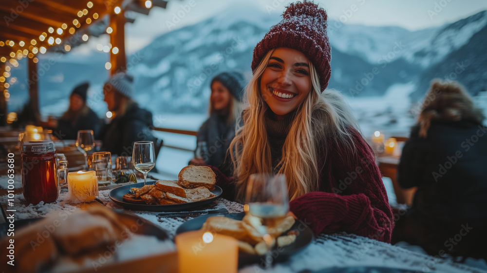 a blonde woman in a red winter outfit with a hat, having lunch at an outdoor table in the mountains, surrounded by nature and christmas lights