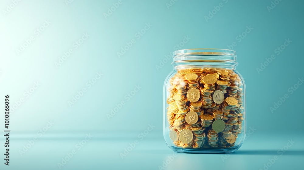 A glass jar filled with shiny gold coins against a blue background. A glass jar filled with shiny gold coins against a blue background.