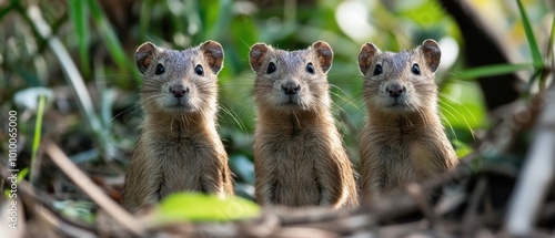 Three mongoose siblings resting in lush greenery