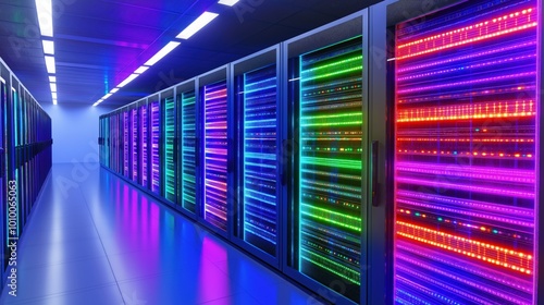 Glowing data cables in modern cloud storage server racks for it infrastructure