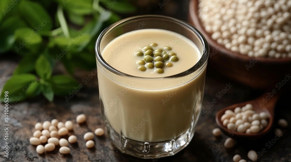 A glass of creamy white bean milk with a green bean topping and scattered beans on the table. A glass of creamy white bean milk with a green bean topping and scattered beans on the table.