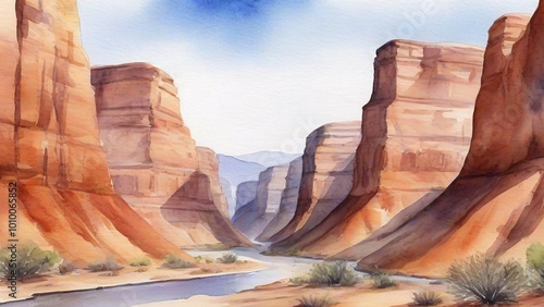 Watercolor painting of a canyon with a river running through it.