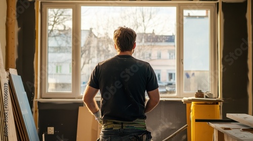 Man Gazing Out of Window in Cozy Home Office with Winter Scenery