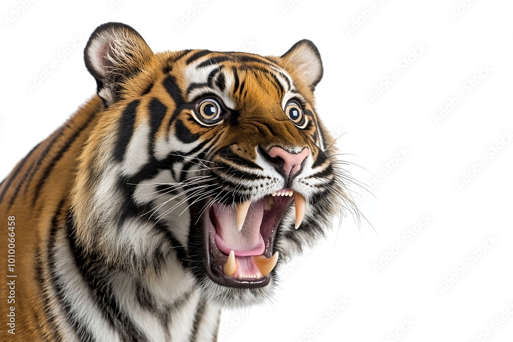 Obraz premium Close-up Of A Angry And Surprised Tiger Isolated On White Background With A Funny And Excited Expression, Animal Portrait
