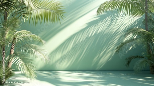 A minimalist green backdrop with palm trees and sunlight casting shadows.