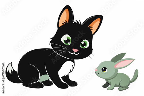  black kitten playing with rabbit in front of home