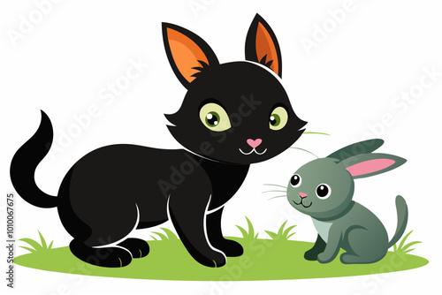  black kitten playing with rabbit in front of home