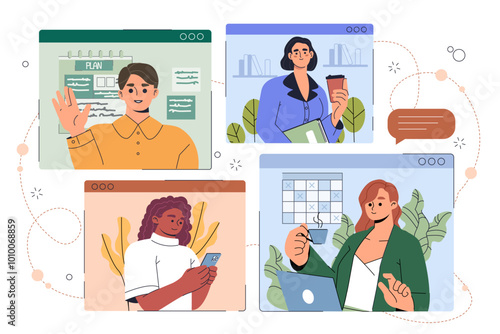 People with video conference. Man and women communicate on social networks. Colleagues work on Internet. Collaboration and cooperation online. Flat vector illustration isolated on white background