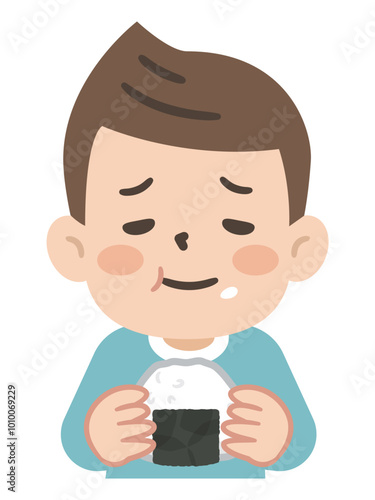 おにぎりを食べる男の子のイラスト