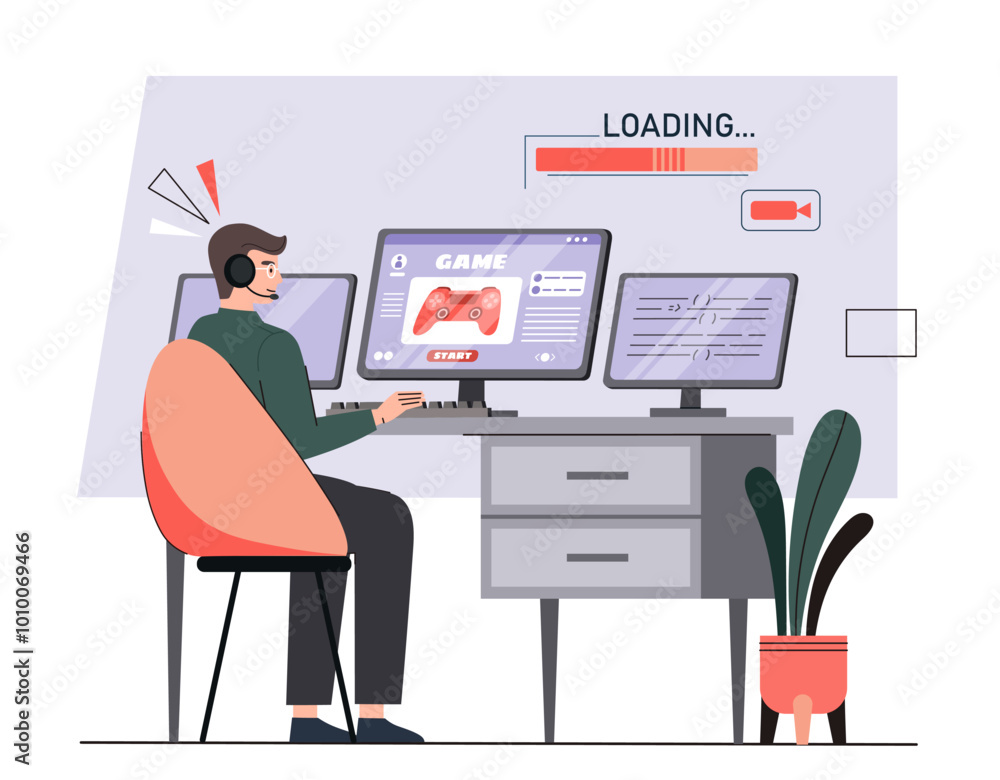 Video game developer. Man in headphones sits at computer and develops games. Programmer and IT specialist writes code. Development of video games and arcades. Flat vector illustration Video game developer. Man in headphones sits at computer and develops games. Programmer and IT specialist writes code. Development of video games and arcades. Flat vector illustration