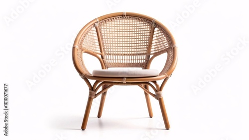 Rattan chair with white cushion on white background.