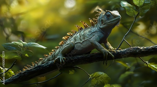 Green Lizard on a Branch in a Tropical Forest