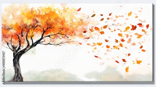 Light watercolor painting of autumn leaves gently blowing away from the tree on canvas. Delicate and artistic depiction of fall foliage with soft brushstrokes and natural colors, capturing the essence photo