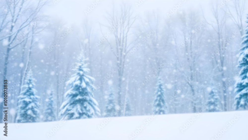 Fototapeta premium 4K winter blurred background with pine trees forest and falling snow. 
