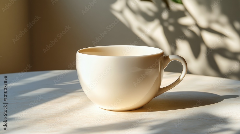 A white ceramic mug sits on a wooden table in the sun, casting a shadow. A white ceramic mug sits on a wooden table in the sun, casting a shadow.