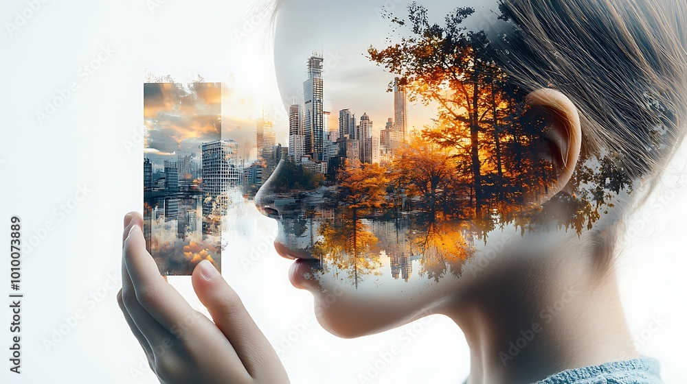 Fototapeta premium A close-up of hands gently holding a photograph of a loved one, with a blurred background of a vibrant cityscape, illustrating the theme of deep affection and the fading sense of self. The lighting 