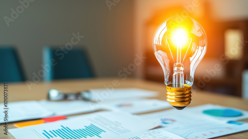 glowing light bulb symbolizes bright ideas in business setting.