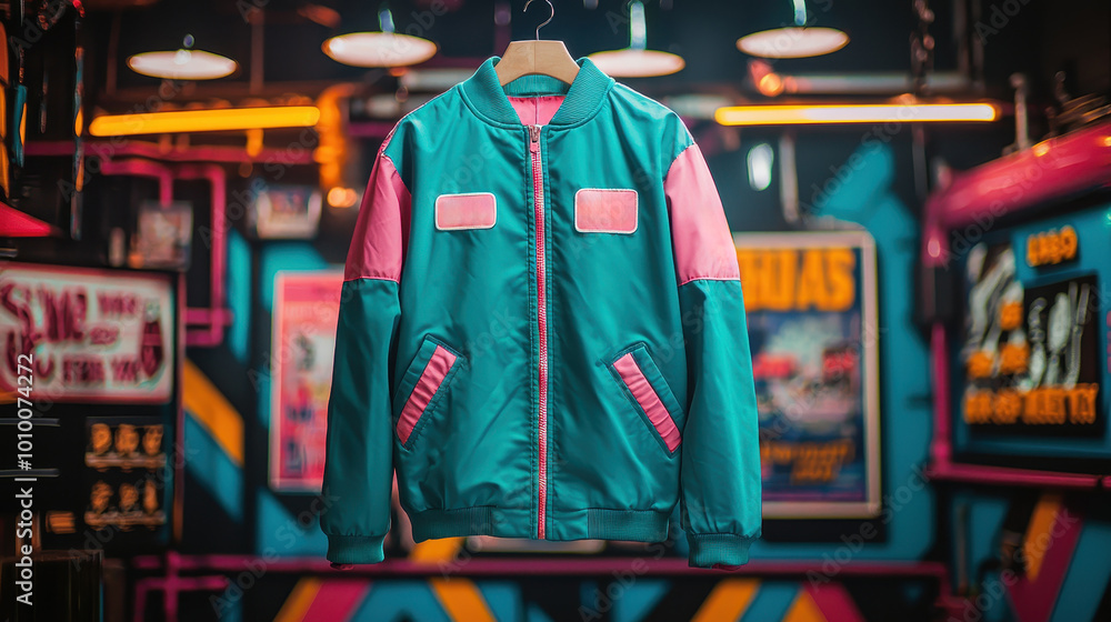 Fototapeta premium stylish 90s windbreaker jacket in vibrant colors hanging on display.