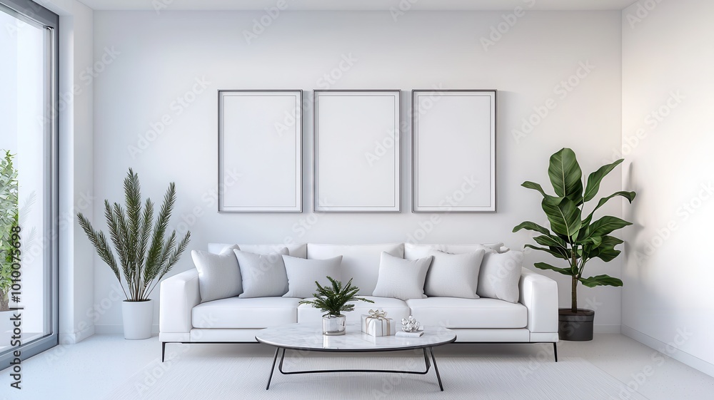 Modern minimalist living room with white and silver Christmas decor, clean and stylish, 3D illustration Modern minimalist living room with white and silver Christmas decor, clean and stylish, 3D illustration