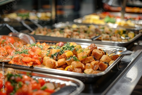 Close-up of a catering buffet featuring a variety of colorful dishes, including vegetables, meats, and salads, served in stainless steel trays in a restaurant setting.