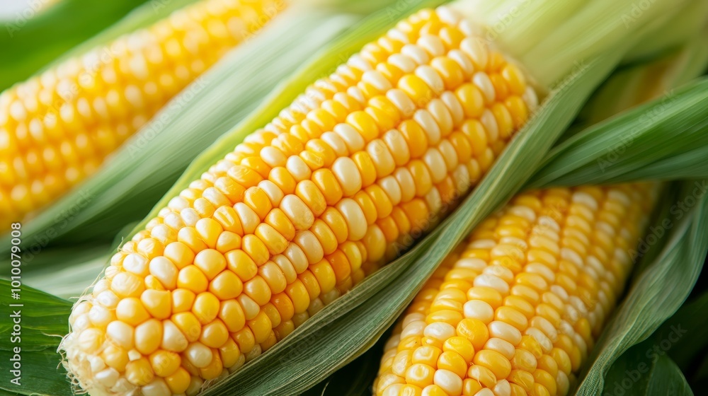 Close-up of three ears of fresh corn on the cob with husks. Close-up of three ears of fresh corn on the cob with husks.