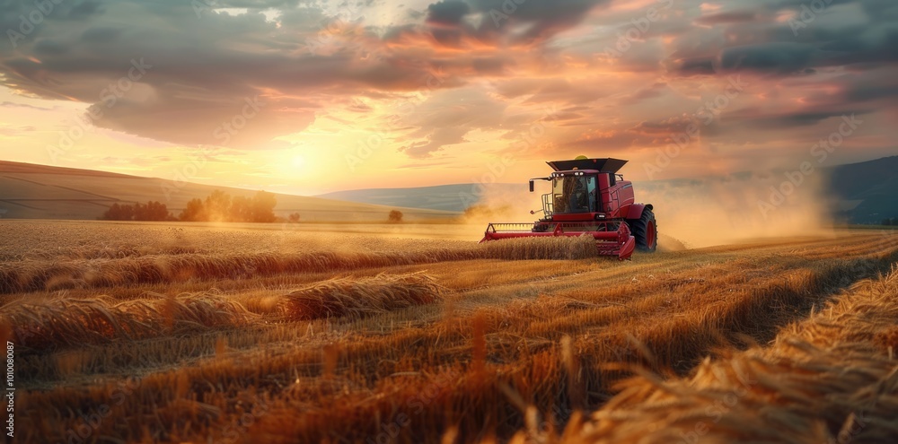 Fototapeta premium Golden harvest - tractors harvesting wheat in field, capturing essence of farming life, hard work of farmers, and bountiful spikes of wheat that signify successful agricultural season.