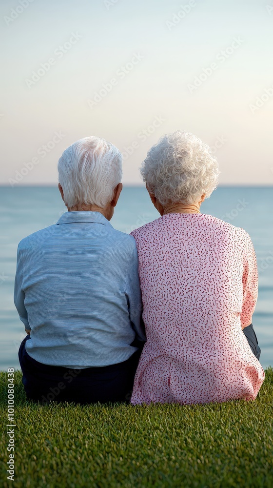 Fototapeta premium Senior Couple Sitting on Grassy Cliffside Ocean View Retirement Love Togetherness