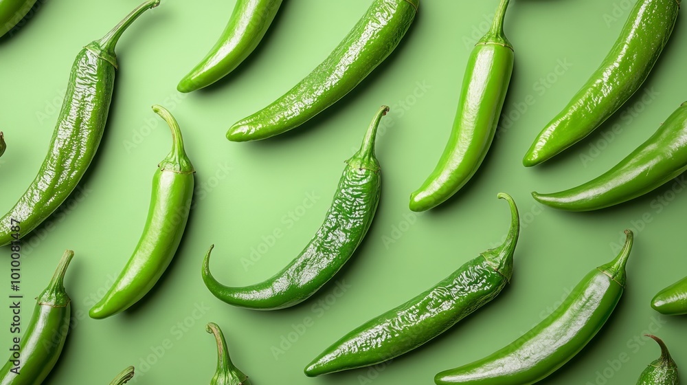 Green chili peppers arranged in a repeating pattern on a green background. Green chili peppers arranged in a repeating pattern on a green background.