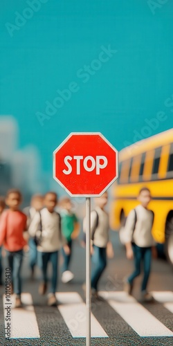 Stop Sign Safety  School Kids Crossing  Yellow School Bus  Road Safety  Pedestrian Crossin photo