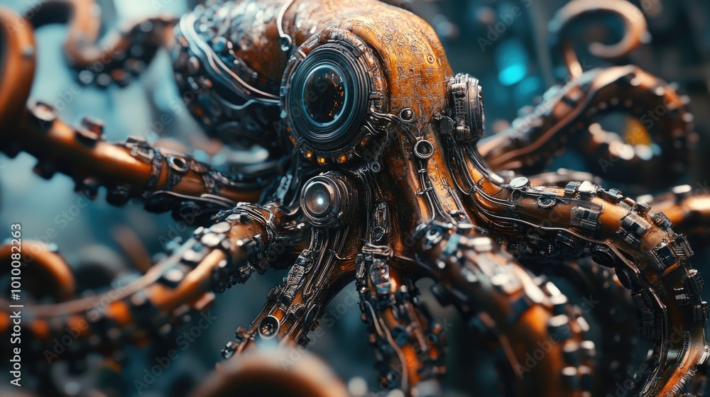 Close-up of a Mechanized Octopus with Glowing Eyes Close-up of a Mechanized Octopus with Glowing Eyes