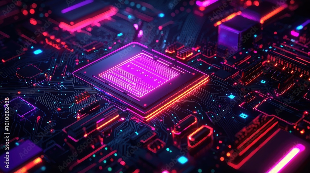 A glowing neon pink and orange processor chip sits in the center of a dark circuit board. A glowing neon pink and orange processor chip sits in the center of a dark circuit board.