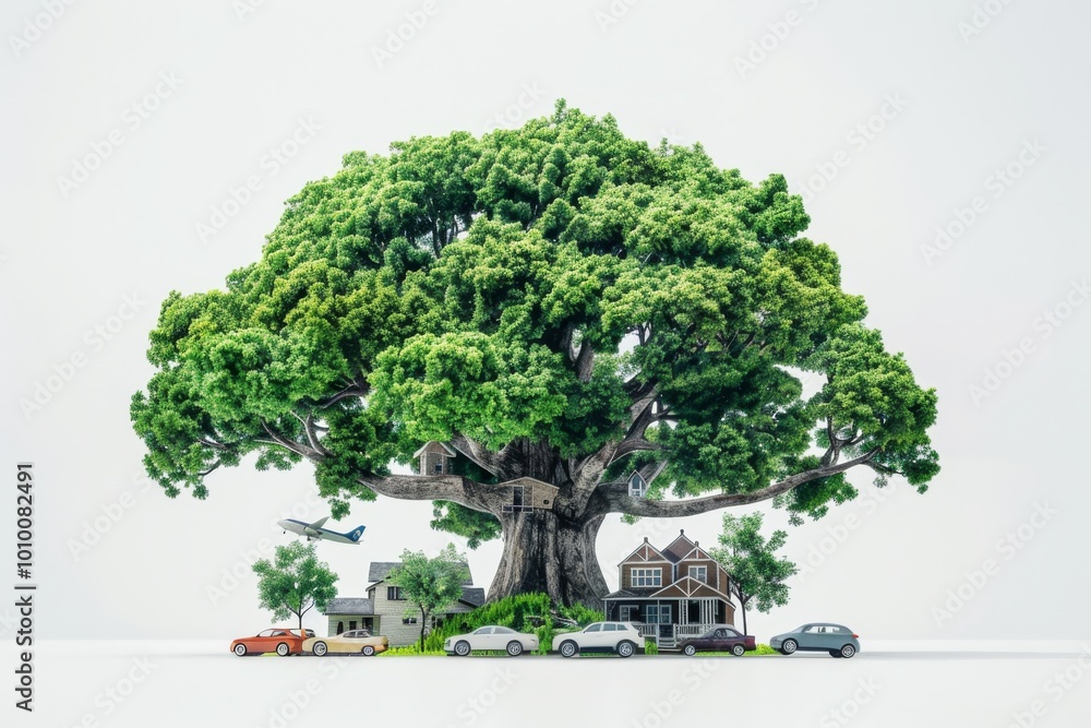 an ultrarealistic studio photography of green huge tree with small houses, cars, plane, hospital as a insurence services care under, white gradient background an ultrarealistic studio photography of green huge tree with small houses, cars, plane, hospital as a insurence services care under, white gradient background